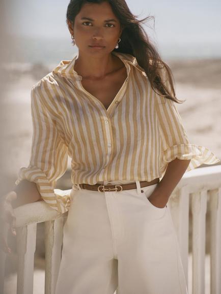 Mint Velvet Stripe Ruffle Detail Shirt, Yellow, Yellow