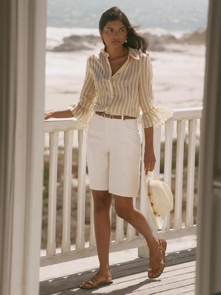 Mint Velvet Stripe Ruffle Detail Shirt, Yellow - view 2, Yellow