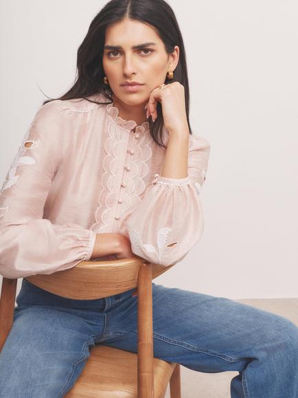 Mint Velvet Embroidered Linen Blend Blouse, Pink, Pink
