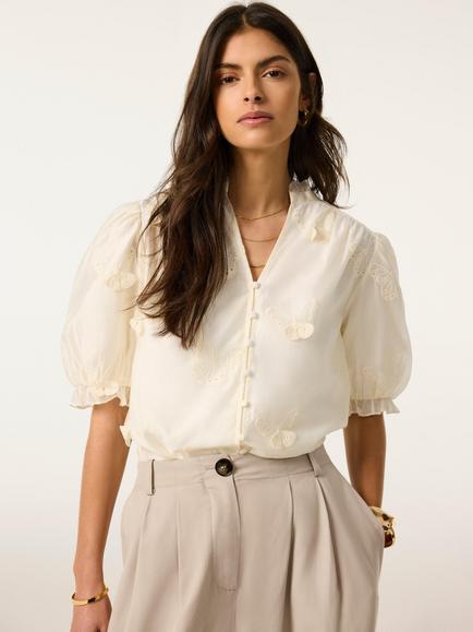 Mint Velvet Butterfly Detail V-Neck Blouse, White - view 2, White