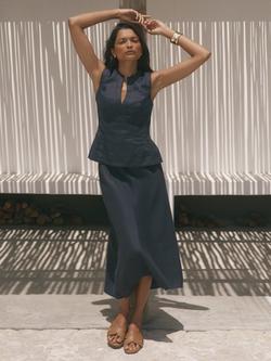 Mint Velvet Linen Midi Skirt, Blue Navy - view 2, Blue Navy