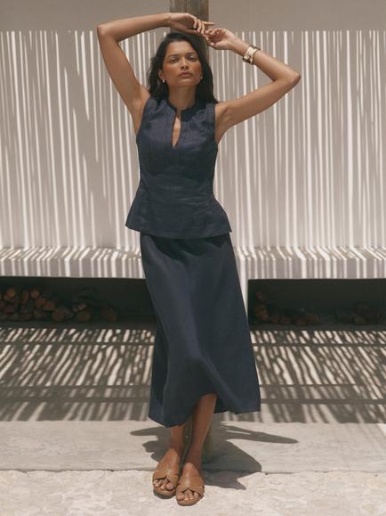 Mint Velvet Linen Midi Skirt, Blue Navy - view 2, Blue Navy