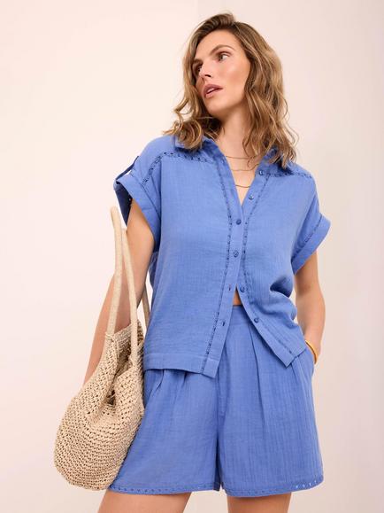 Mint Velvet Cotton Gauze Shirt and Shorts Set, Blue, Blue