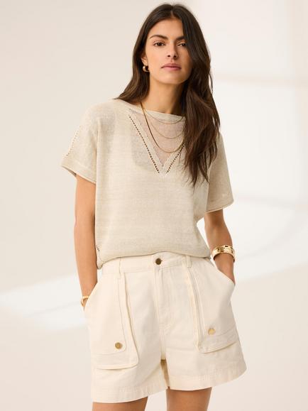 Mint Velvet Metallic Knit Top, Natural, Natural