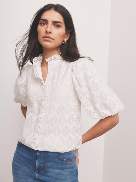 Mint Velvet Jacquard Puff Blouse, White, White