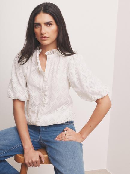 Mint Velvet Jacquard Puff Blouse, White - view 2, White