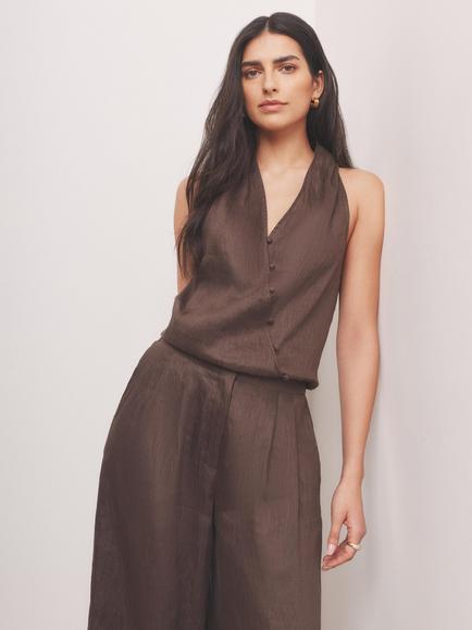 Mint Velvet Linen Rich Halter Top, Brown, Brown