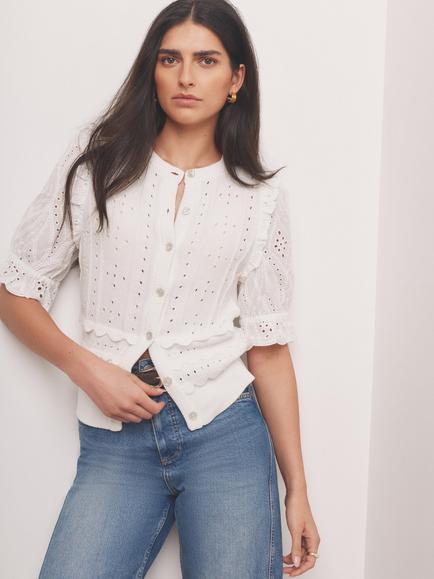 Mint Velvet Broderie Woven Mix Knit Top, White Ivory, White Ivory