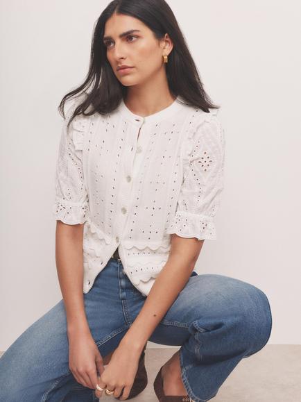 Mint Velvet Broderie Woven Mix Knit Top, White Ivory - view 2, White Ivory