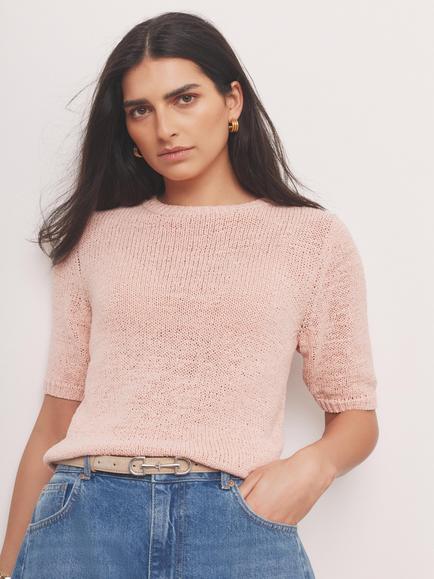 Mint Velvet Cotton Blend Knit Top - view 2, Light Pink