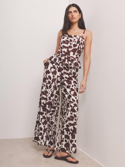 Mint Velvet Floral Print Linen Blend Wide Leg Trousers, Red Burgundy