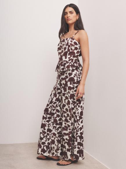 Mint Velvet Floral Print Linen Blend Wide Leg Trousers - view 2, Red Burgundy