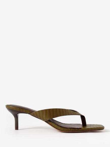 Mint Velvet Betty Leather Kitten Heel Toe Post Sandals, Green Khaki, Green Khaki
