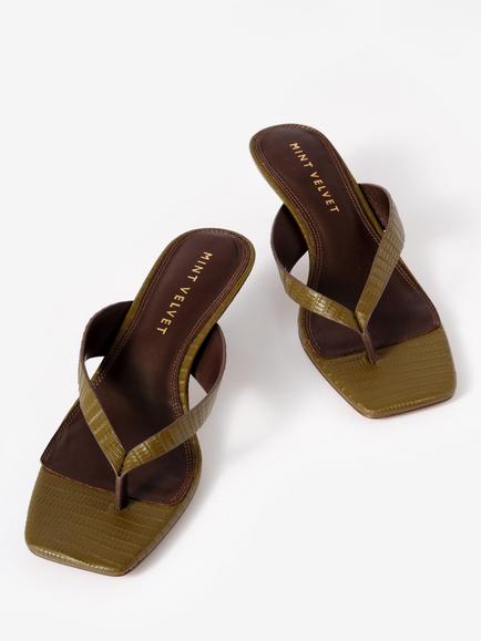 Mint Velvet Betty Leather Kitten Heel Toe Post Sandals, Green Khaki - view 2, Green Khaki
