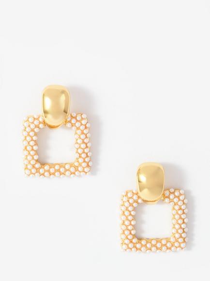 Mint Velvet Square Drop Pearl Earrings, Gold, Gold