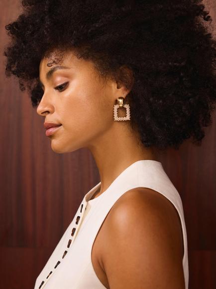 Mint Velvet Square Drop Pearl Earrings, Gold - view 2, Gold