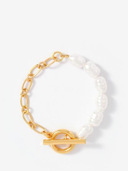 Mint Velvet Link Chain Pearl Bracelet, Gold/White, Gold/White