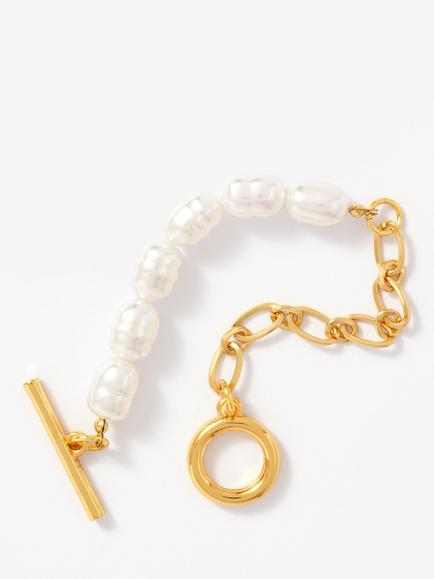 Mint Velvet Link Chain Pearl Bracelet, Gold/White - view 2, Gold/White