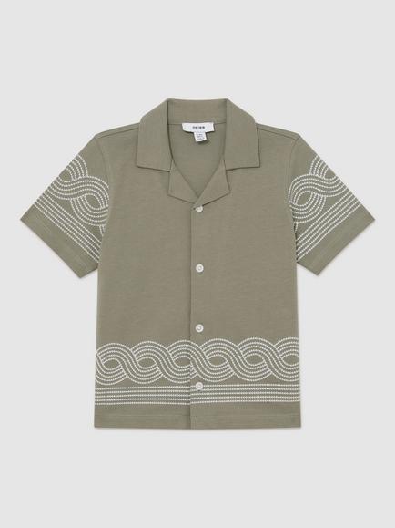 Reiss Kids' Arden Embroidered Cuban Shirt, Sage Green/White