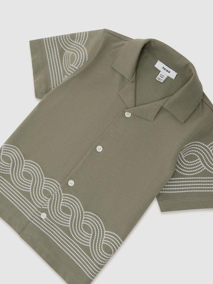 Reiss Kids' Arden Embroidered Cuban Shirt - view 2, Sage Green/White