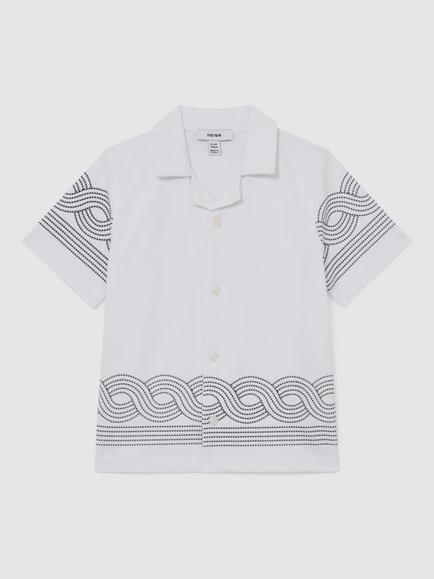 Reiss Kids' Arden Embroidered Cuban Shirt, White/Navy