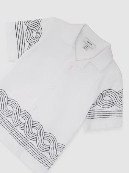 Reiss Kids' Arden Embroidered Cuban Shirt - view 2, White/Navy