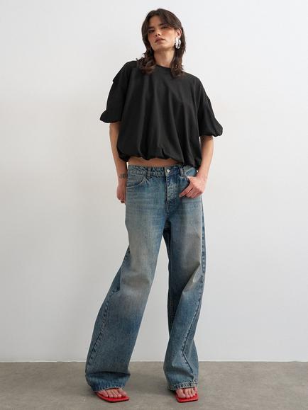 Topshop Bubble Hem and Sleeve T-Shirt, Black