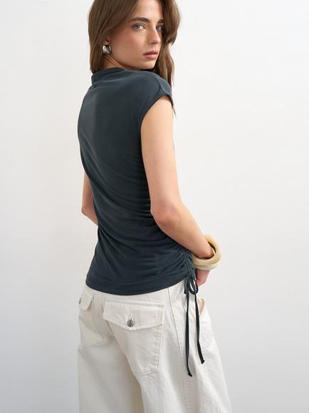 Topshop Asymmetric Drawstring Boat Neck Top, Charcoal - view 2, Charcoal