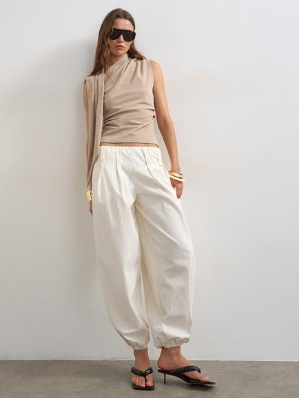 Topshop Cinched Scarf Detail High Neck Blouse, Beige, Beige