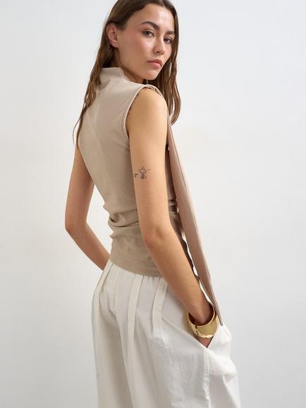 Topshop Cinched Scarf Detail High Neck Blouse, Beige - view 2, Beige