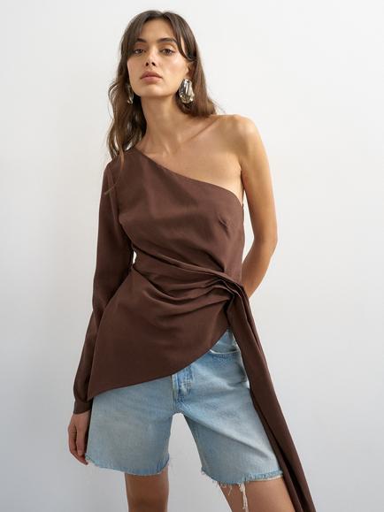 Topshop One Shoulder Cinch Top, Brown, Brown