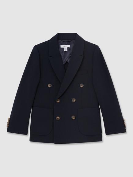 Reiss Kids' Belmot Double Breasted Textured Blazer, Navy, Navy