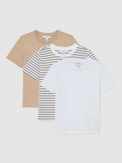 Reiss Kids' Bless Short Sleeve Crew T-Shirt, Pack of 3, Stone/Brown/White, Stone/Brown/White