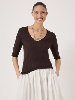 HUSH V-Neck Pointelle Knit Top, Dark Brown, Dark Brown