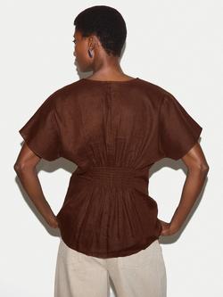 Jigsaw Pintuck Waist Pure Linen Top - view 2, Brown