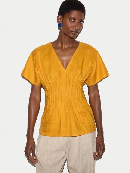 Jigsaw Pintuck Waist Pure Linen Top, Orange