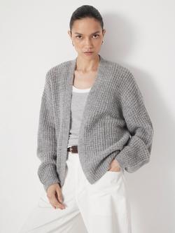 HUSH Waffle Stitch Wool Rich Cardigan, Palest Grey Marl, Palest Grey Marl