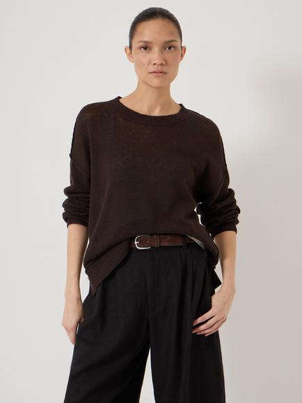 HUSH Cindy Linen Blend Crew Neck Jumper - view 2, Dark Brown
