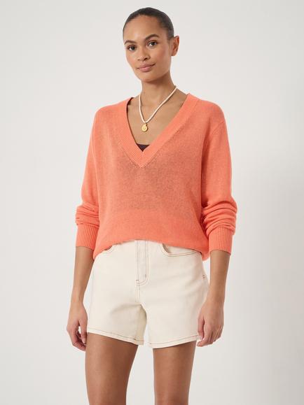 HUSH Coralie Linen Blend V-Neck Jumper, Dusty Orange, Dusty Orange
