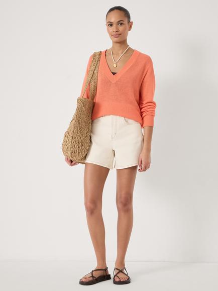 HUSH Coralie Linen Blend V-Neck Jumper, Dusty Orange - view 2, Dusty Orange