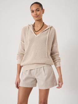 HUSH Leni Open Stitch Cotton V Neck Hoodie, Stone White, Stone White