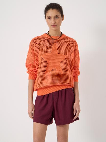 HUSH Lillie Open Stitch Star Graphic Cotton Jumper, Bright Orange