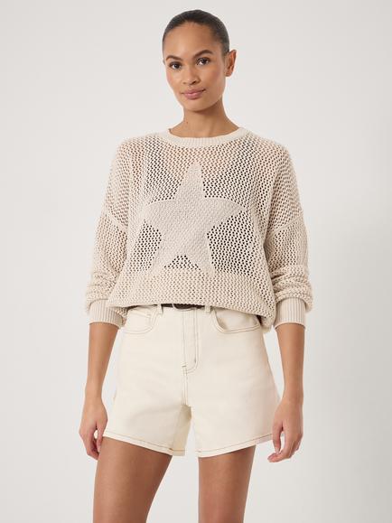 HUSH Lillie Open Stitch Star Graphic Cotton Jumper, Stone White