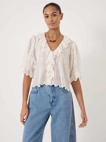 HUSH Koa Cotton Broderie Blouse, White, White