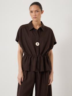 HUSH Mirai Linen Blend Short Sleeve Shirt, Dark Brown, Dark Brown