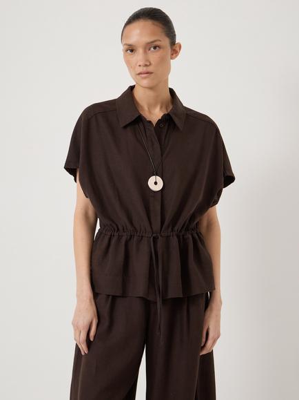 HUSH Mirai Linen Blend Short Sleeve Shirt, Dark Brown, Dark Brown