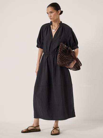 HUSH Isla Short Sleeve Midi Dress, Navy Blue, Navy Blue