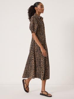 HUSH Lark Puff Sleeve Leopard Print Midi Dress, Natural Brown - view 2, Natural Brown