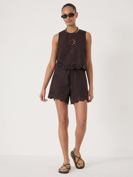 HUSH Brin Broderie Shorts, Dark Brown - view 2, Dark Brown