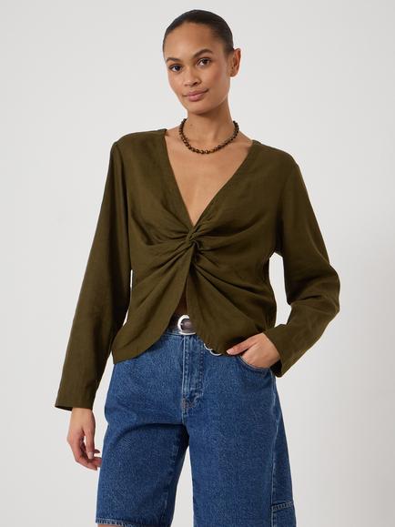 HUSH Bronte Twist Front Linen Blend Top, Khaki Green, Khaki Green